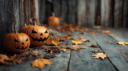 Carved halloween pumpkin with scary face and autumn leaf. Jack o lantern on wood surface for holiday celebration. Holiday season.