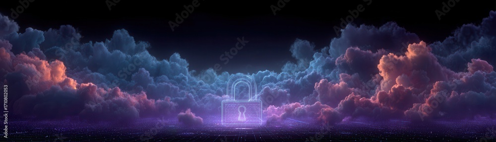 Aufkleber futuristic cybersecurity concept of a padlock hovering over cloud icons in a high-tech digital envir