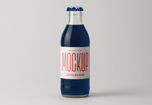 Dark Blue Glass Bottle with Colored Lemonade Beverage Label Mockup