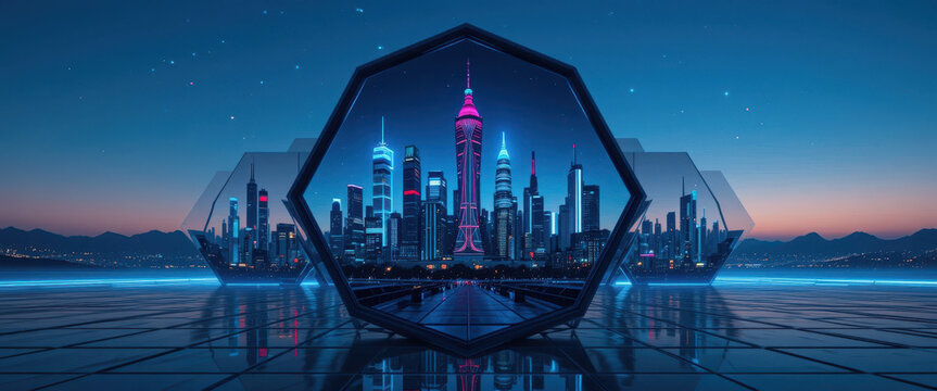 Futuristic cityscape at night urban skyline digital art neon lights aerial view technology concept