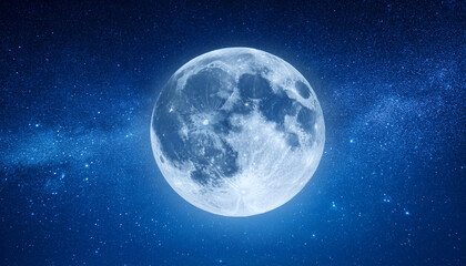 Fototapeta premium Illuminated Full Moon In A Starry Night Sky With Deep Blue Background And Cosmic Atmosphere