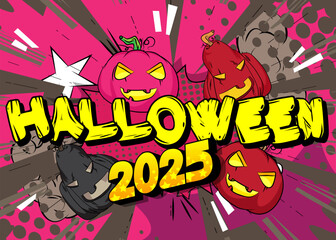 Cartoon Halloween 2025, comic book invitation. Retro vector comics pop art design.