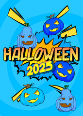 Cartoon Halloween 2025, comic book invitation. Retro vector comics pop art design.