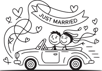 Joyride to Forever: A whimsical depiction of marital bliss unfolds as a newlywed couple embarks on their journey together in a vintage car, surrounded by symbols of love and happiness.