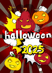 Cartoon Halloween 2025, comic book invitation. Retro vector comics pop art design.