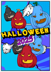 Cartoon Halloween 2025, comic book invitation. Retro vector comics pop art design.