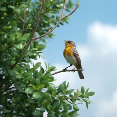 Highly Detailed 3D Rendering of a Vibrant Brown and Yellow Bird Perched on a Lush Green Tree Branch 4