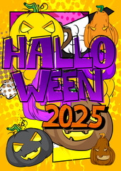 Cartoon Halloween 2025, comic book invitation. Retro vector comics pop art design.