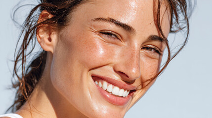 closeup of woman face featuring radiant skin and joyful smile after intense workout