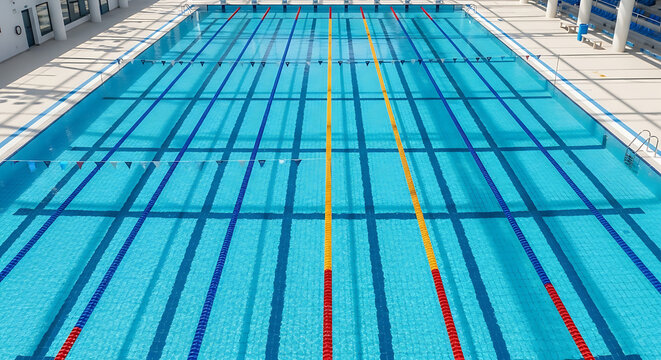 Aerial view of an outdoor swimming pool with blue tiled bottom and lane markers in blue, yellow, and red.