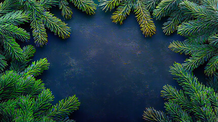 Close-up of natural pine tree branches with detailed green needles and pine cones on a dark background