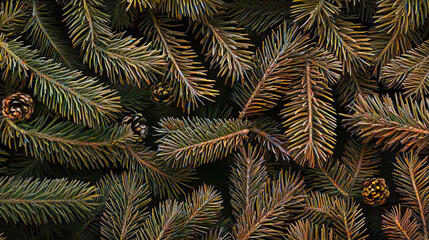 Close-up of natural pine tree branches with detailed green needles and pine cones on a dark background