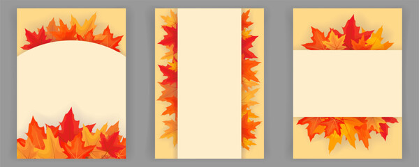 Cards with bright autumn maple leaves. Templates for greetings, invitations, posters, flyers, etc. Vector
