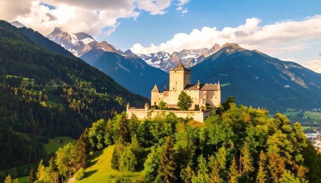 Majestic castle nestled in alpine valley