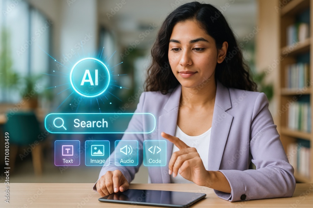 Poster innovative ai search techniques modern office setting digital interaction professional environment c