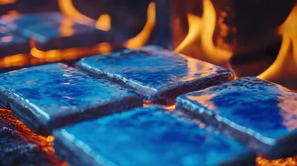 Ceramic kiln firing with pure blue hydrogen flames, glowing tile stacks heated intensely in a controlled high-temperature process, showcasing sustainable clean energy in modern craftsmanship.