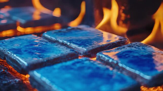 Ceramic kiln firing with pure blue hydrogen flames, glowing tile stacks heated intensely in a controlled high-temperature process, showcasing sustainable clean energy in modern craftsmanship.