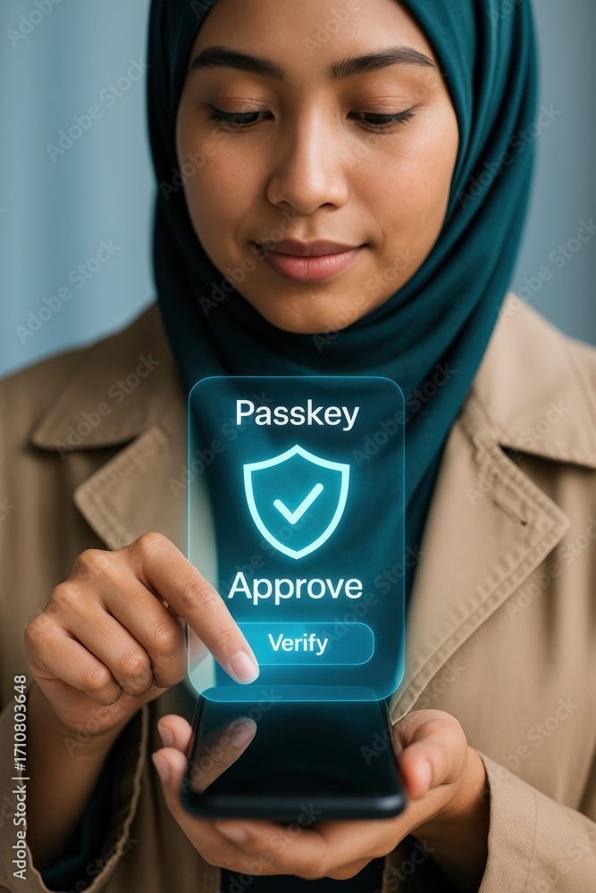 Poster mobile technology action approving passkeys for secure access modern office environment digital inte