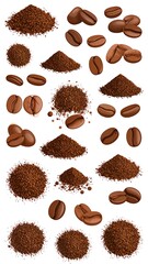 Various coffee beans and ground coffee are displayed against a white background.