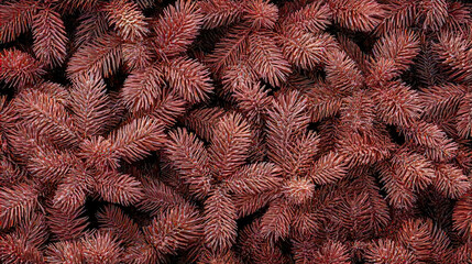Close-up of natural pine tree branches with detailed green needles and pine cones on a dark background
