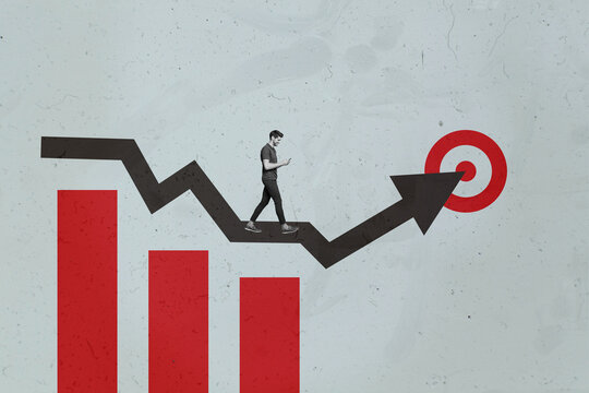 Collage with person observing rising arrow symbolizing startup growth business income statistics trading decrease increase