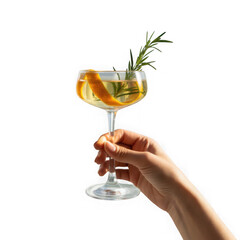 A Female hand hold glass of cocktail with citrus and rosemary isolated on white and transparent background