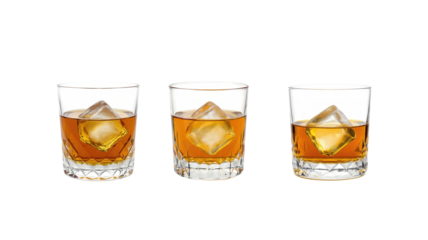 Whiskey glass with ice cube on transparent background png