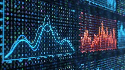 Data Visualization: Abstract, futuristic close-up of digital financial data charts on a screen. The data visualizations pulse with life, indicating trends and insights. - Powered by Adobe
