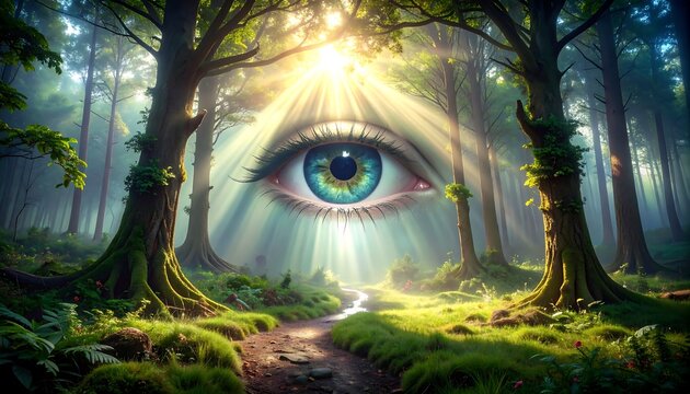 A vibrant, mystical forest path, illuminated by sunlight, leads to a serene, blue eye that seems to watch over the scene.
