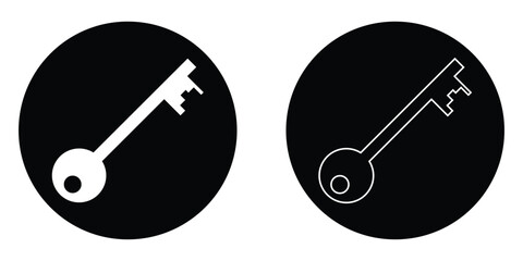 Unlock keyword signs set on white page. Silhouette key icon set on isolated white page. Black isolated vector key icon set on white background. Dark black circle key icon silhouette. 