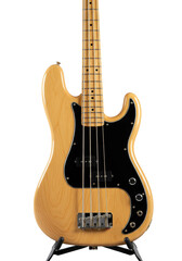 Naklejka premium Pristine Fender Precision Bass electric guitar with natural light wood body, maple neck, black pickguard, chrome hardware, 45-degree angle, transparent studio. High-end product showcase