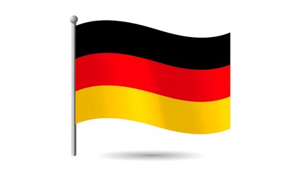 Naklejka premium A digitally rendered depiction of the German flag, exhibiting the black, red, and gold tricolor design, waving gently on a flagpole against a plain white backdrop.