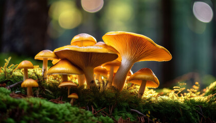 Fototapeta premium Vibrant Yellow Mushrooms Growing On Lush Forest Floor
