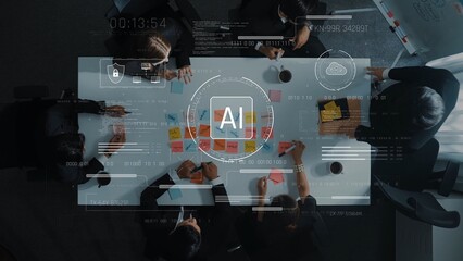Aerial view of a team brainstorming in a modern office, showcasing AI technology, sticky notes, and digital tools for effective collaboration and strategic planning. Raster