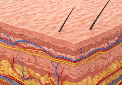 Detailed cross-section of human skin, highlighting the layers and underlying structures.  The image showcases the complex anatomy of the epidermis, dermis, and subcutaneous tissue.