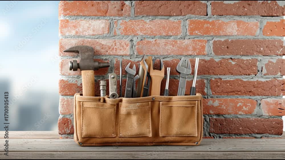 Poster explore a collection of hand tools arranged in a workspace with a view of the city skyline on a brig