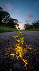 Asphalt Breaks Plant Grows Glowing Roots Underground Light Symbolism