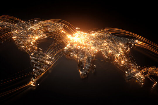A global network of internet connections and data transfer between cities on the world map, a technology concept with digital wires connecting all points around Earth in a dark background