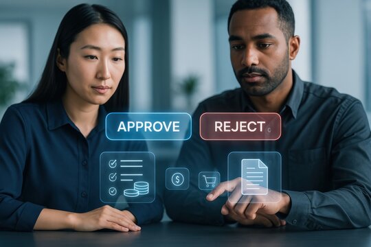 Decision-making process approve or reject business proposal in office environment digital interface professional viewpoint