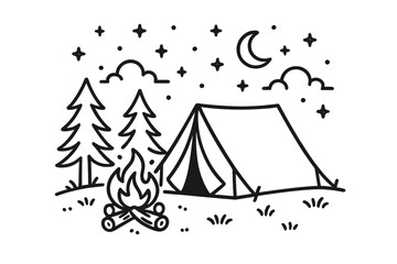 Camping adventure line art. Tent and campfire under a starry night sky. Outdoor nature forest wilderness landscape. Monoline vector icon illustration doodle sketch logo.