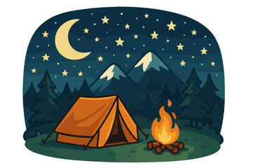 Night camping scene with tent and campfire in mountains under starry sky. Vector cartoon illustration of outdoor adventure, hiking, and travel in nature. Summer camp concept.