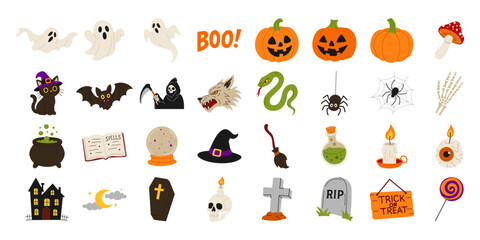 A collection of Halloween icons including a skull, a pumpkin, a ghost, a witch, a skeleton, a bat, a candle, a pumpkin, a ghost, a skeleton, a pumpkin, a ghost, a skeleton, a pumpkin, a ghost