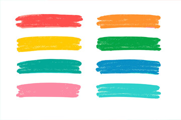 Colorful crayon brush strokes set. Hand drawn chalk pen highlight collection. Rough texture kid's art underline for accent and emphasis. Vector graphic design elements.