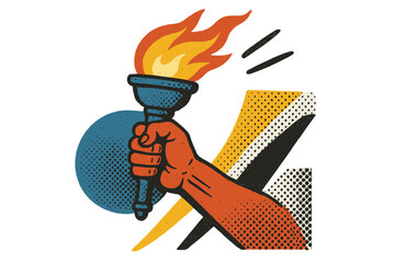 Hand with burning torch vector concept. Sports game, victory, and competition symbol. Retro halftone collage style illustration. Metaphor for freedom, protest, and power.