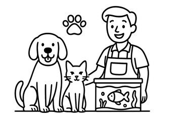 Pet shop attendant with dog, cat, and fish in an aquarium. Vector line art concept for pet care, animal shelter, or vet clinic. Happy cartoon character with pets.
