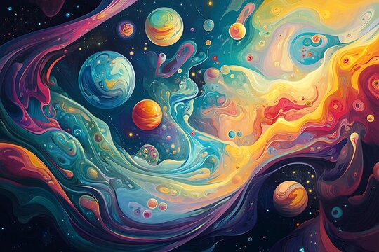 A cosmic dance of vibrant nebulae and swirling planets, a vivid dreamscape of color and light in fluid motion.
