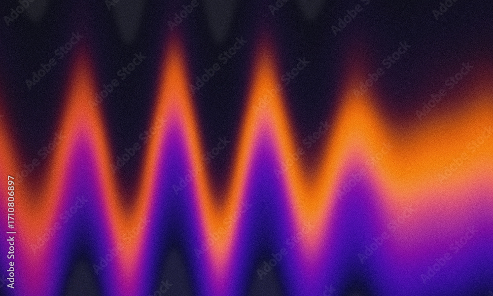 Poster abstract zigzag pattern of vibrant orange and purple lights against a dark background, creating a fu