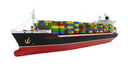 Large cargo container ship carrying many colorful containers, isolated on transparent background