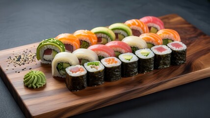 Assorted sushi rolls on wooden serving board
