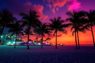 A breathtaking tropical sunset paints the sky in vibrant hues of orange, pink, and purple, silhouetting palm trees on a beach with a softly lit cityscape in the distance.